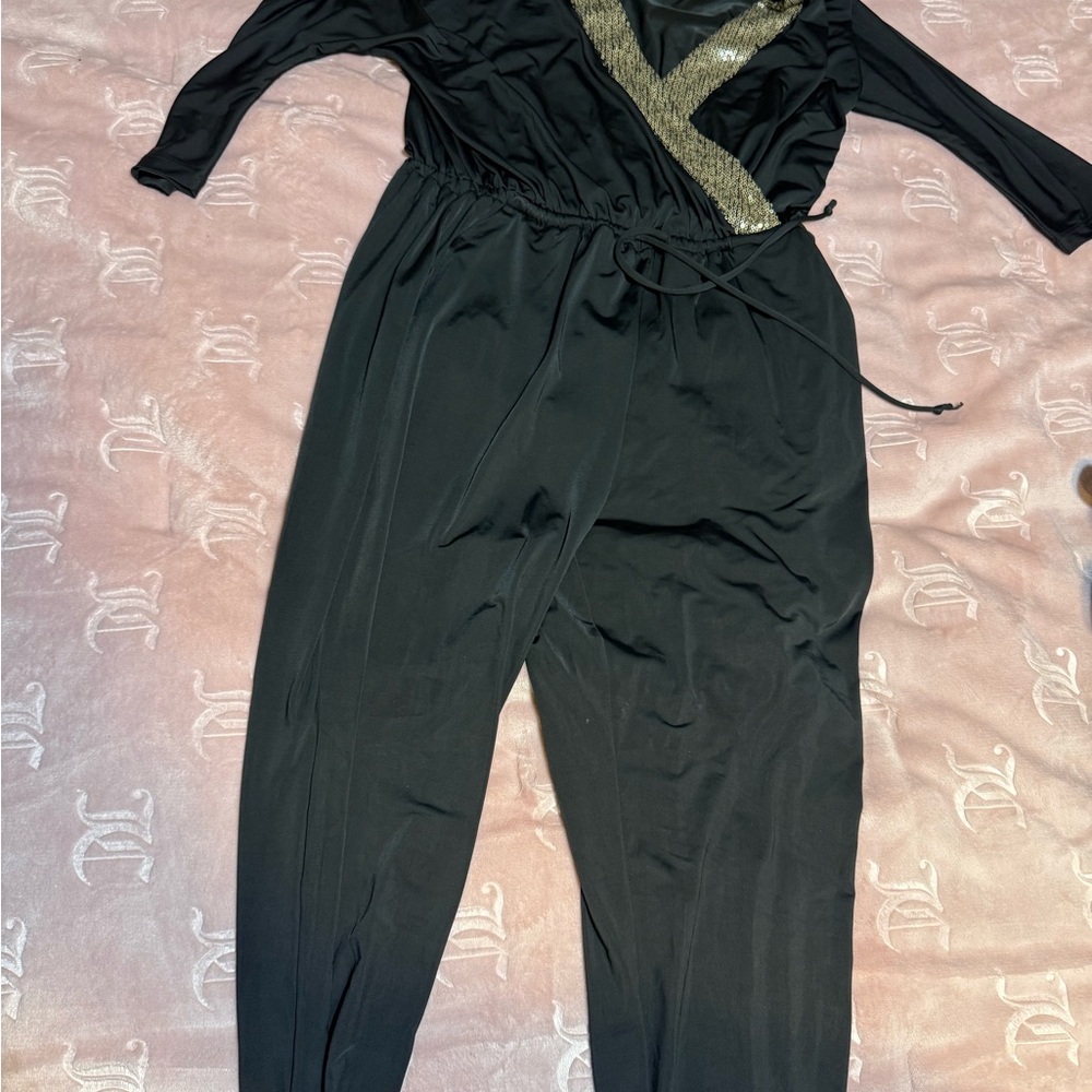 Kardashian Kollection Black and Gold Jumpsuit with Wrap Design